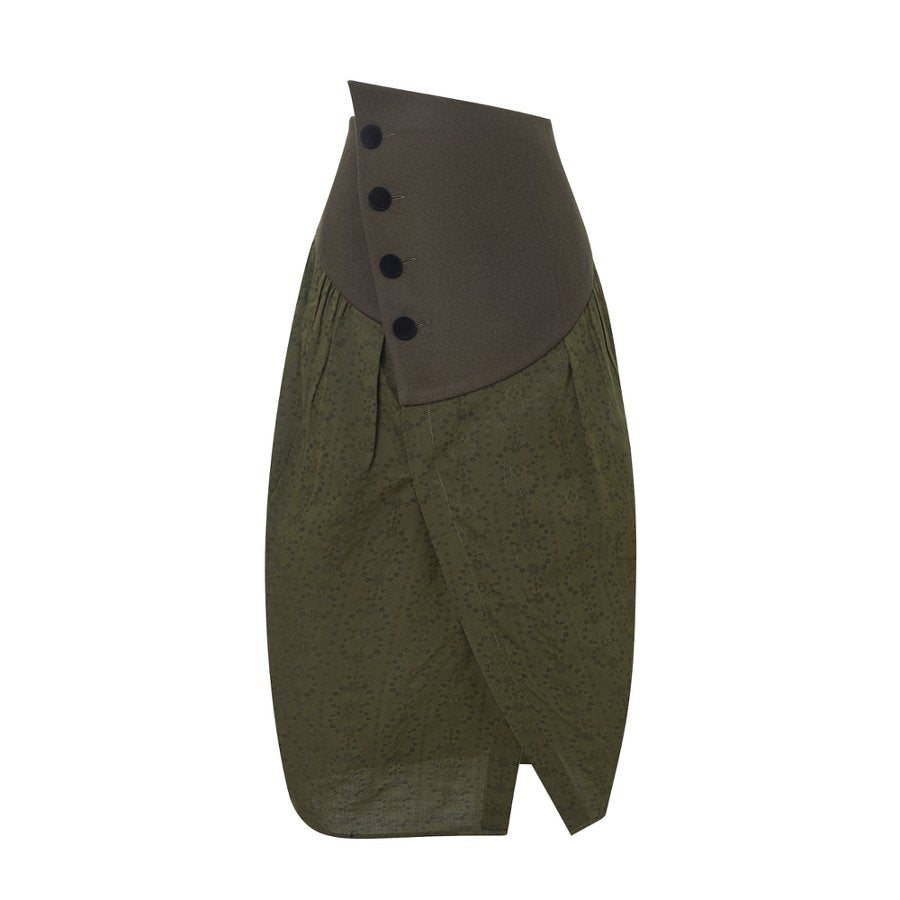 Army Green Wool Skirt with Floral Patchwork