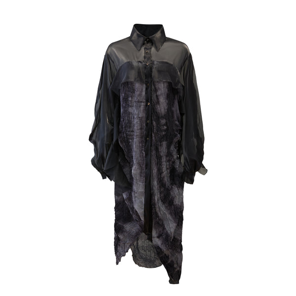 Organza fabric long shirt dress with ruffled sleeves