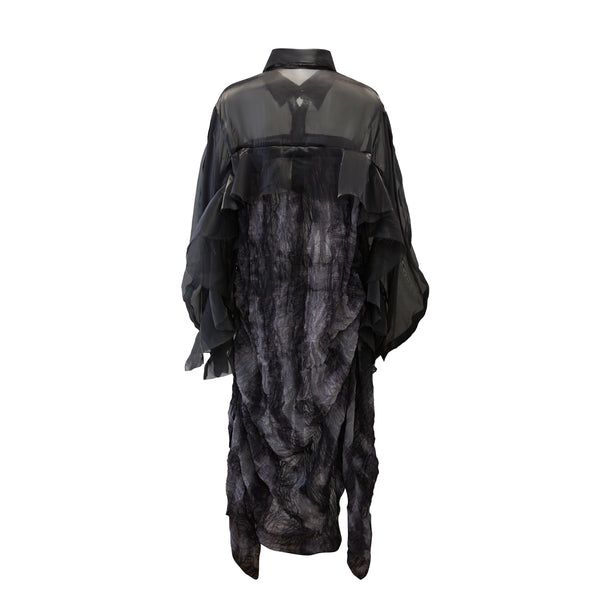 Organza fabric long shirt dress with ruffled sleeves
