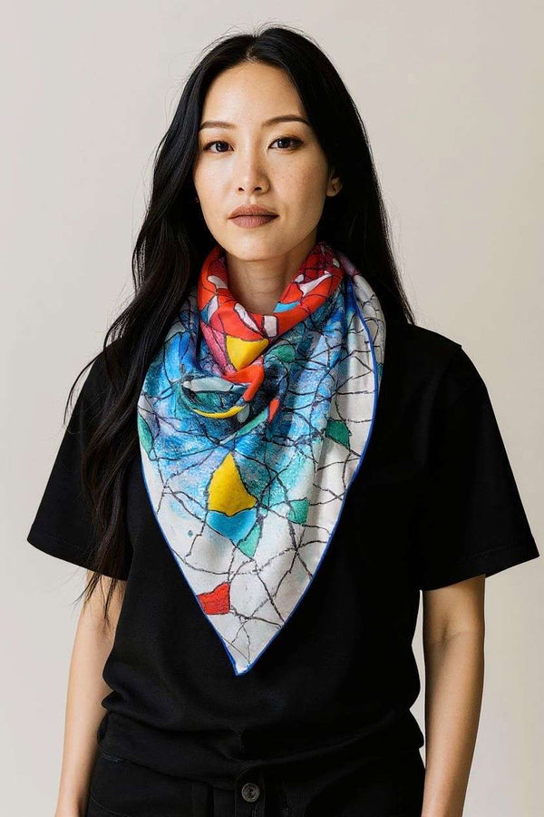 blue printed silk scarf